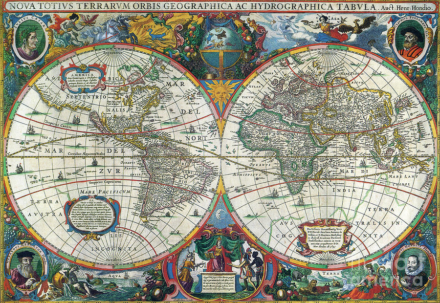 World Map, 1630 Drawing by Henricus Hondius