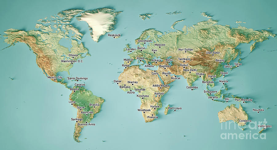 World Map 3D Render Topographic Map Color Border Cities Digital Art by Frank Ramspott