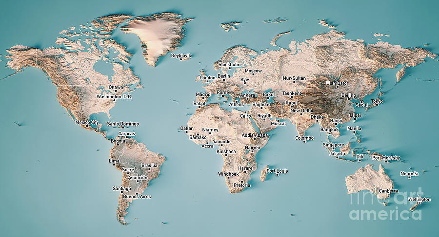 Map Digital Art - World Map 3D Render Topographic Map Neutral Border Cities by Frank Ramspott