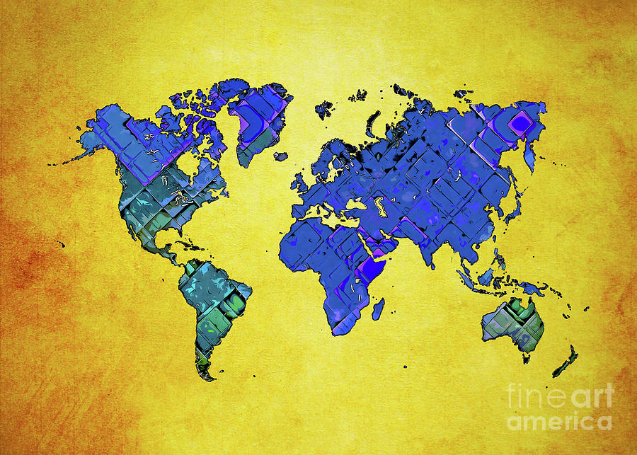 World Map Art Blue And Yellow  #map #worldmap Digital Art by Justyna Jaszke JBJart