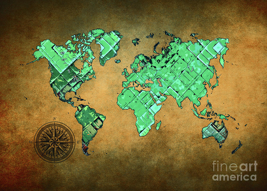 World Map Art Green Brown #map #worldmap Digital Art by Justyna Jaszke JBJart