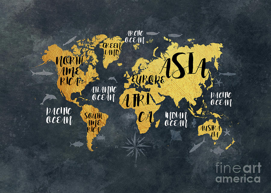 World map black and gold with text Digital Art by Justyna Jaszke JBJart