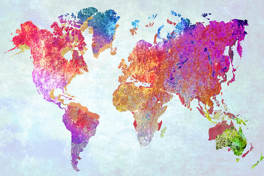 World Map Distressed Colorful Blue Painting by Tony Rubino