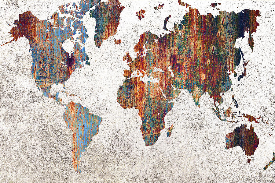 World Map Distressed Metal Wall Painting by Tony Rubino
