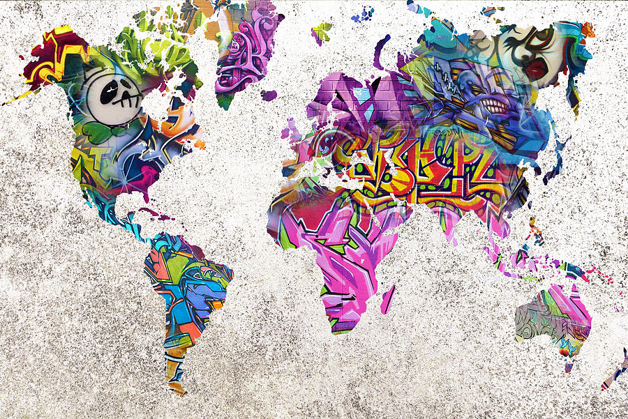 World Map Graffiti Painting by Tony Rubino