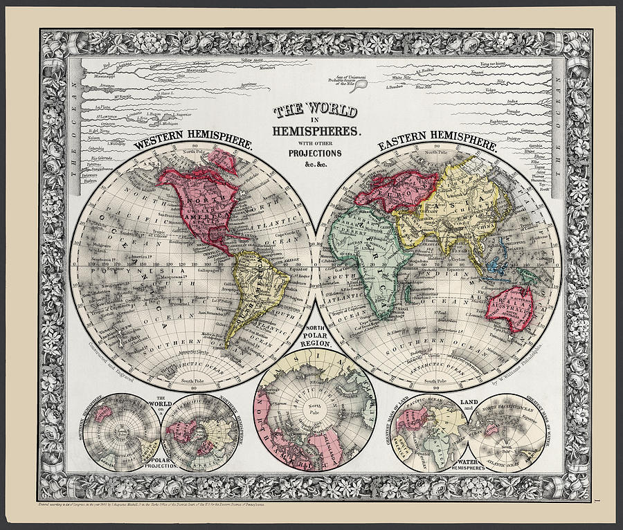 World Map in Hemispheres, from 1863 Mitchells Atlas Photograph by Phil Cardamone