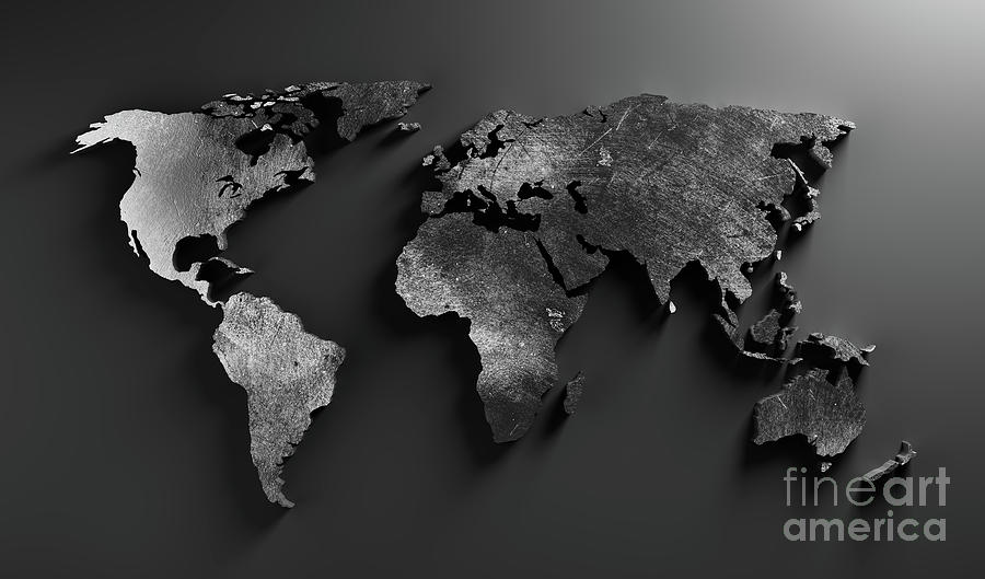 World Map Made Of Dark Scratched Metal. Modern Wallpaper In Grunge Style Photograph