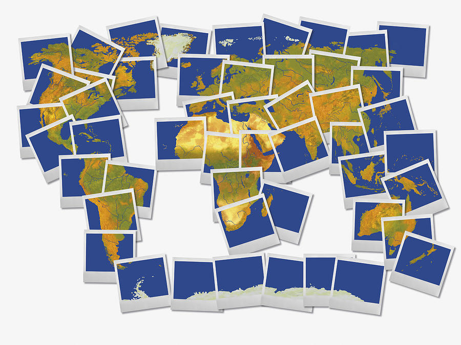 World map made of polaroids Drawing by Kati