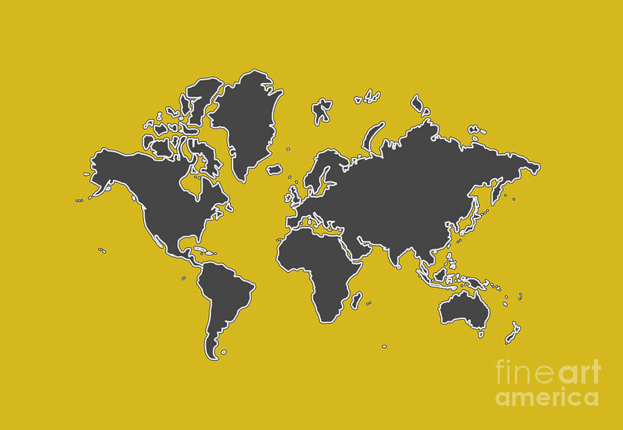 World Map Outline In Mustard Yellow Gray And White Digital Art By Lauren Squire