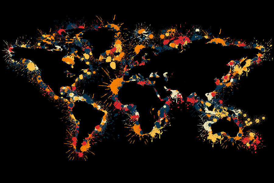 World Map Outline with Splashes of Color and Black Background Digital Art by Alexios Ntounas