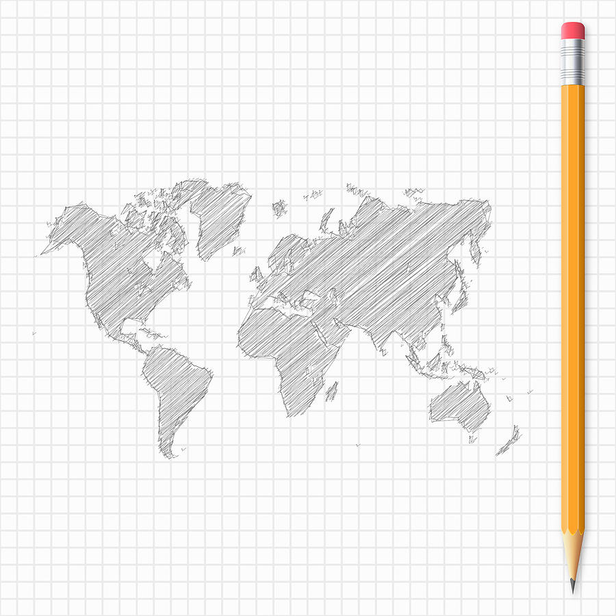 World map sketch with pencil on grid paper Drawing by Bgblue