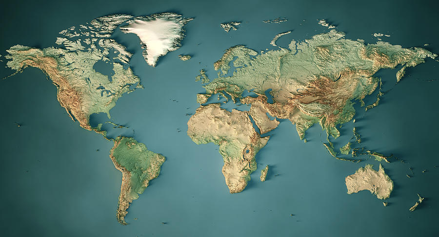 World Map Topographic Map Dark Ocean Color Photograph by FrankRamspott
