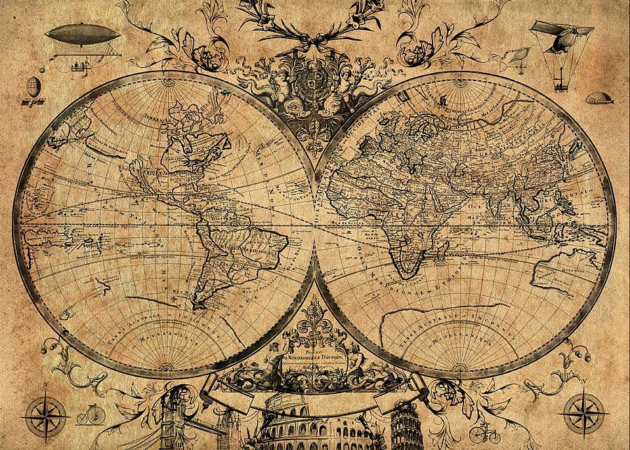 World Map Vintage 3 Digital Art By Super Car