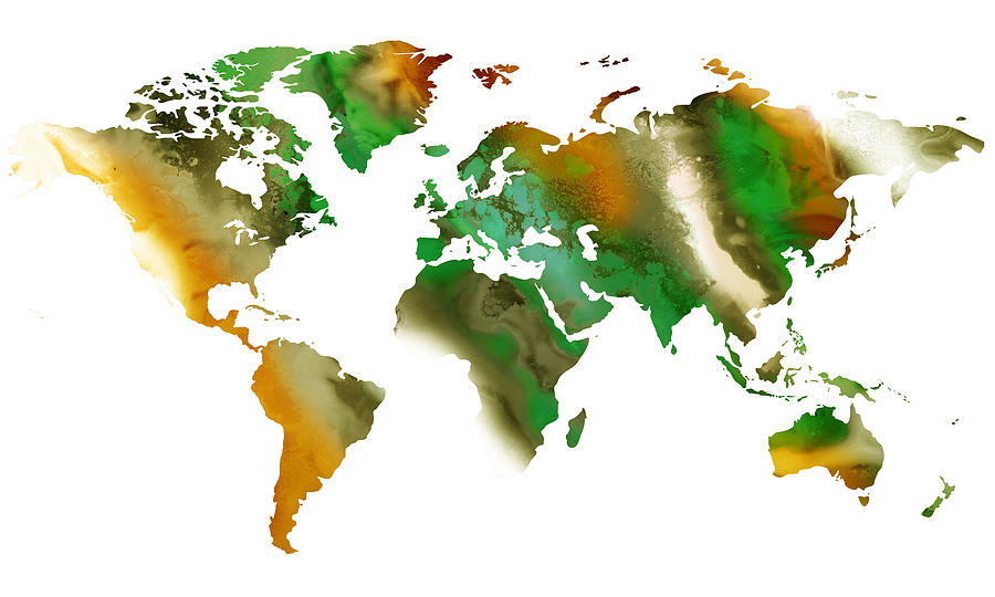 World Map Watercolor Deep Warm Green And Earthy Golden Orange Tones Painting by Irina Sztukowski