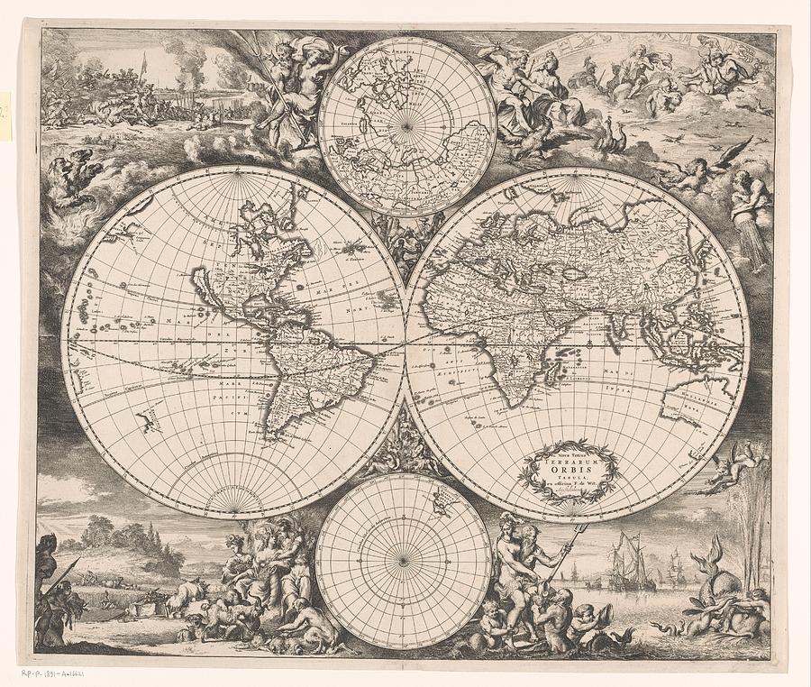 World map with an allegory of the four elements Romeyn de Hooghe 1663 ...