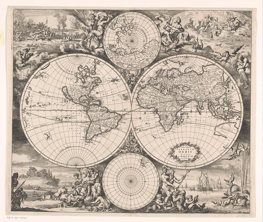 World map with an allegory of the four elements, Romeyn de Hooghe, 1663  Painting by MotionAge Designs
