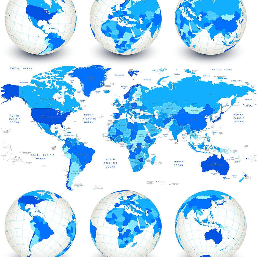 World map with blue globes and country outlines Drawing by Bubaone