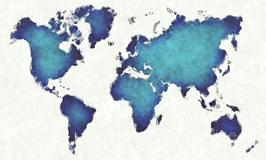 World map with drawn lines and blue watercolor illustration Digital Art ...