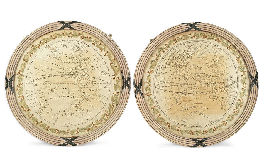 WORLD MAPS  EMBROIDERED A pair of embroidered oval maps of the West and East hemispheres Painting by MotionAge Designs