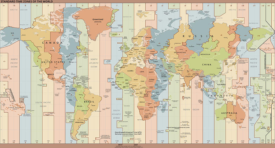 Abstract Digital Art - World Time Zones Map by CIA World Factbook