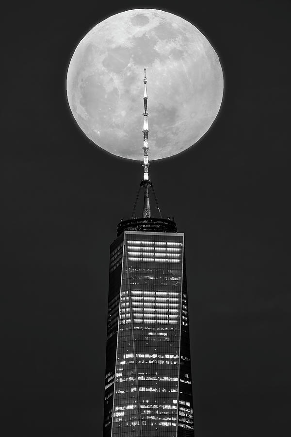 World Trade Center Super Moon BW Photograph by Susan Candelario