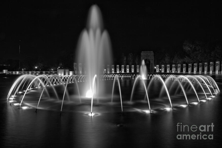 World War 2 Memorial Fountain At Night Black And White Photograph by Adam Jewell