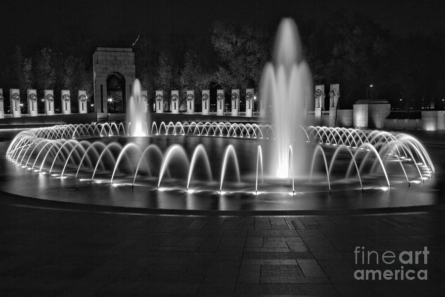 World War II Fountain Lights Black And White Photograph by Adam Jewell