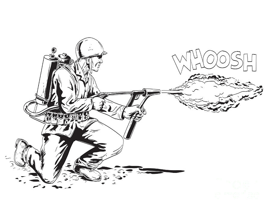 World War Two American GI Soldier Firing M2 Flamethrower Comics Style