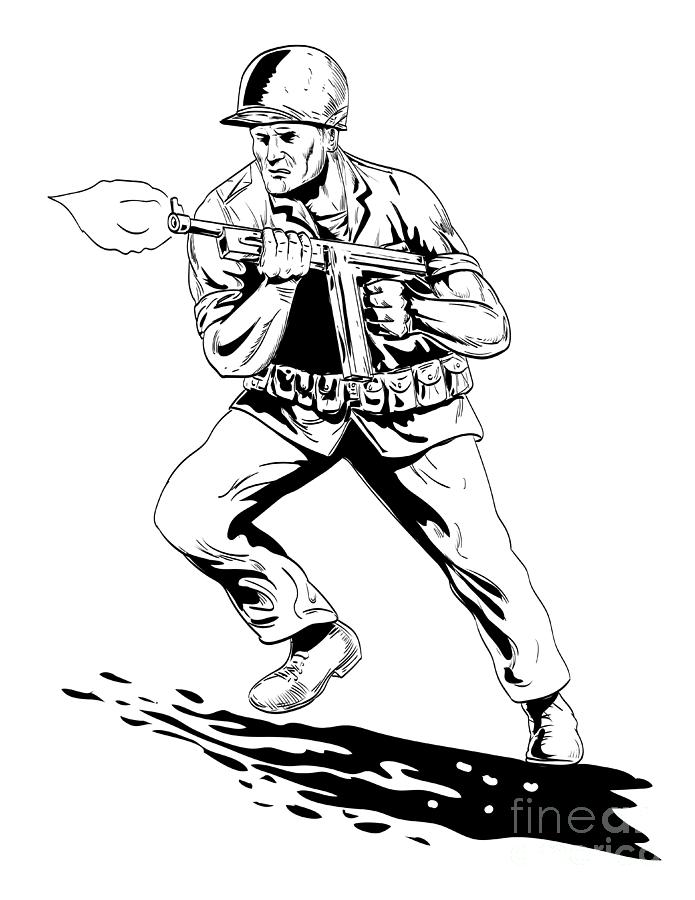 World War Two American GI Soldier Firing Tommy Gun Front View Comics ...