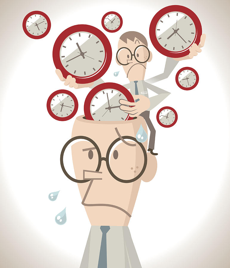 Worried businessman with open head, a little business man putting lots of time clocks into the brain, time pressure and management concept Drawing by Alashi