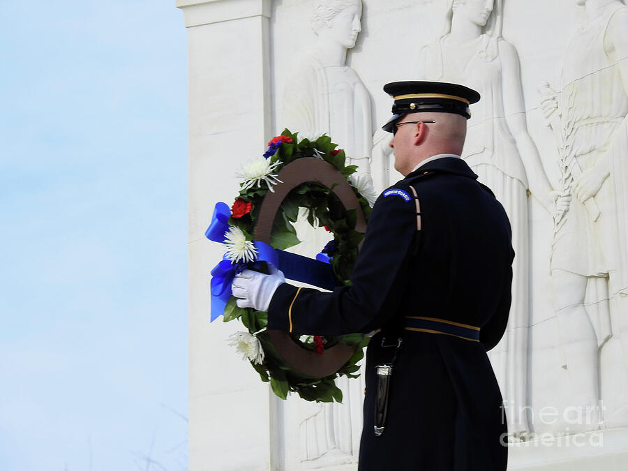 Wreath Underneath Guard Holding Arlington Cemetery Photograph by GJ Glorijean