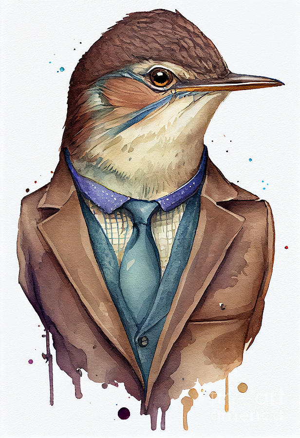Wren Painting - Wren in Suit Watercolor Hipster Animal Retro Costume by Jeff Creation