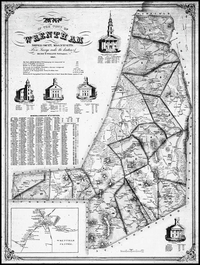 Vintage Photograph - Wrentham Massachusetts Vintage Map 1851 Black and White  by Carol Japp
