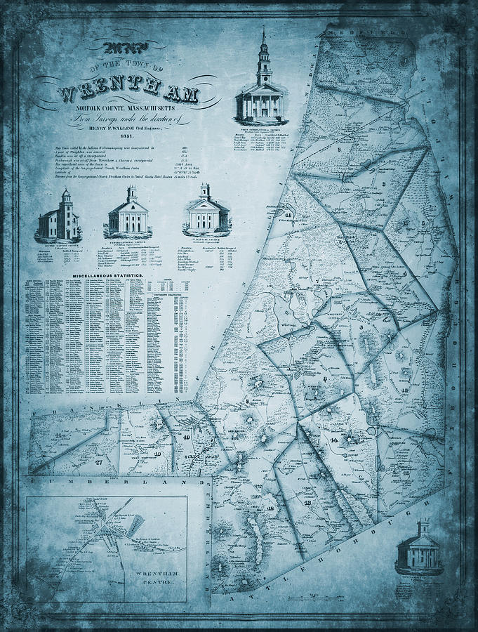 Vintage Photograph - Wrentham Massachusetts Vintage Map 1851 Blue by Carol Japp