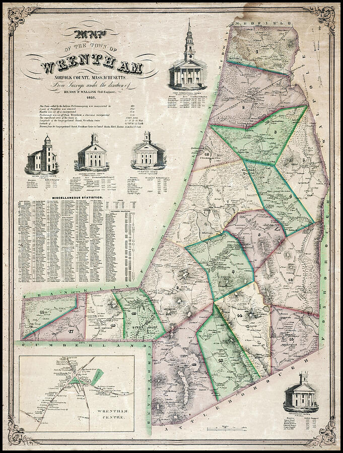 Vintage Photograph - Wrentham Massachusetts Vintage Map 1851 by Carol Japp