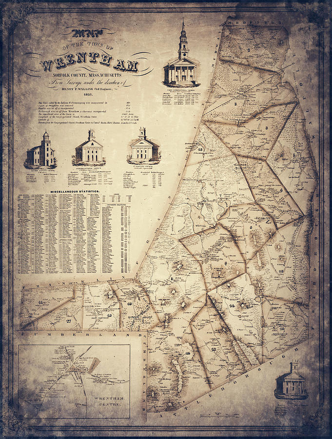 Vintage Photograph - Wrentham Massachusetts Vintage Map 1851 Sepia  by Carol Japp