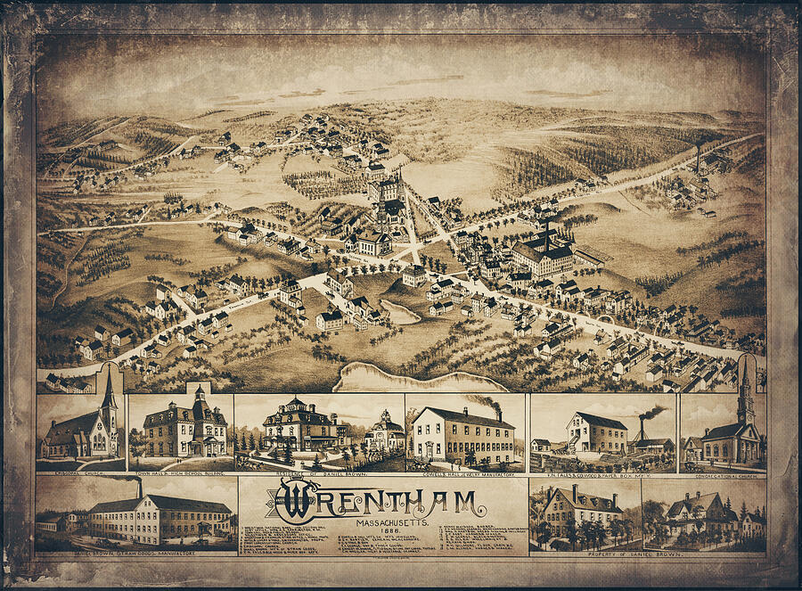 Wrentham Massachusetts Vintage Map Birds Eye View 1888 Sepia Drawing by Carol Japp Wrentham Massachusetts Vintage Map Birds Eye View 1888 Sepia Drawing by Carol Japp
