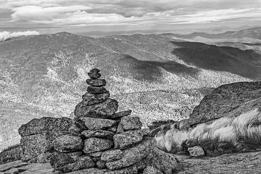 Wright Mountain Rock Cairn on a Beautiful Autumn Day in the Adirondacks Upstate New York BW Photograph by Toby McGuire