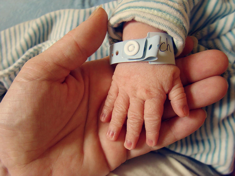 Wrinkled newborn hand with hospital bracelet Photograph by Kelly Sillaste