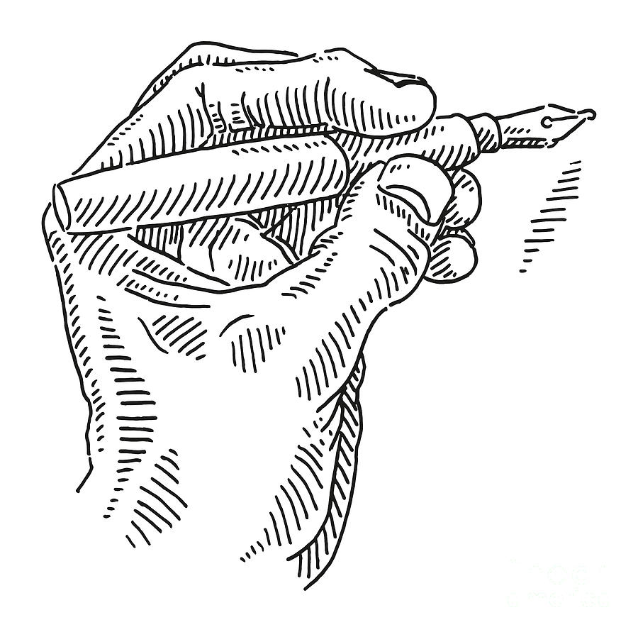Black And White Drawing - Writing Hand Holding Fountain Pen Drawing by Frank Ramspott