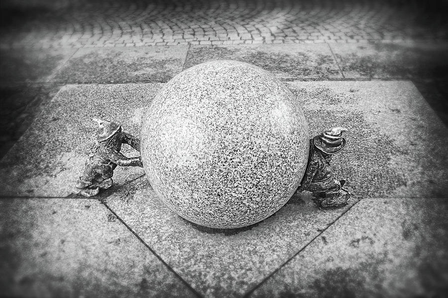 Fantasy Photograph - Wroclaw Poland Pushing and Lifting the Ball Black and White  by Carol Japp