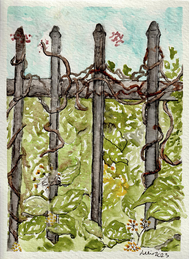 Wrought Iron Fence With Plants Painting by Allie Lily