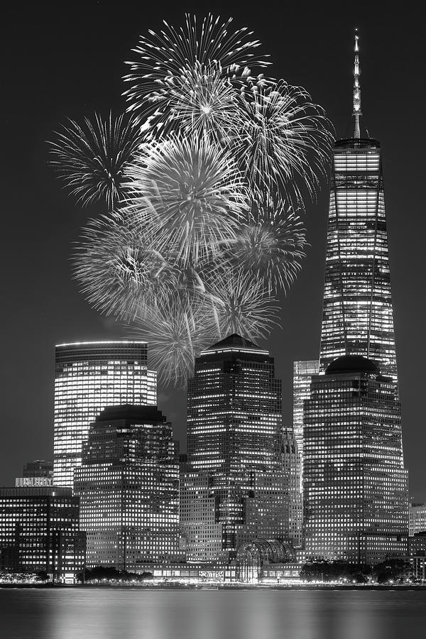 WTC NYC Fireworks BW Photograph by Susan Candelario