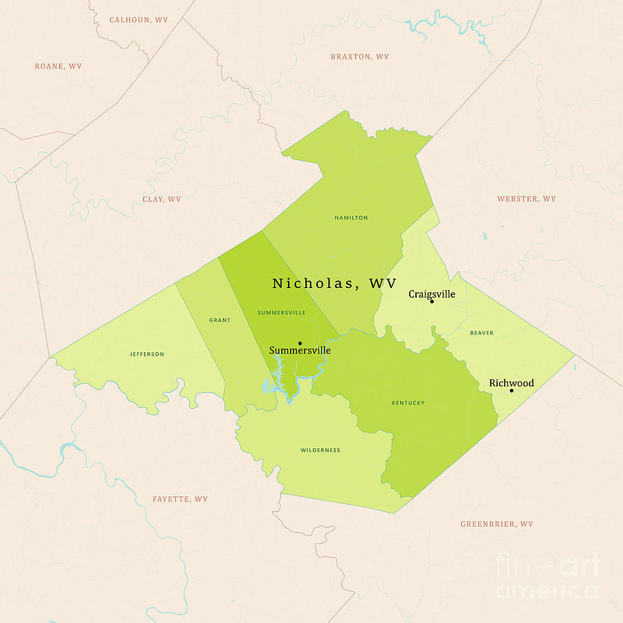 Wv Nicholas County Vector Map Green Digital Art By Frank Ramspott Pixels