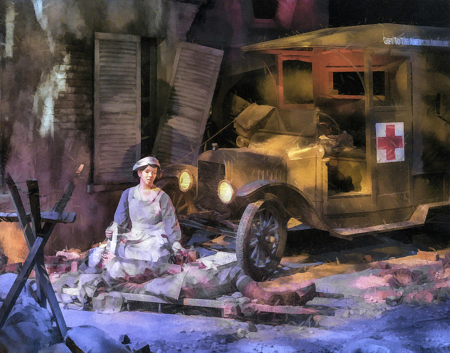 Truck Photograph - WWI Red Cross Nurse Tending to a Wounded Soldier in the Field by Betty Denise