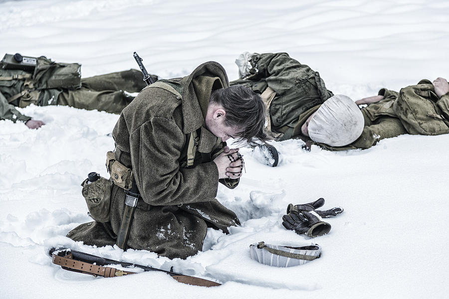 WWII Soldier Praying For Ambushed Comrade War Casualties Photograph by Willowpix