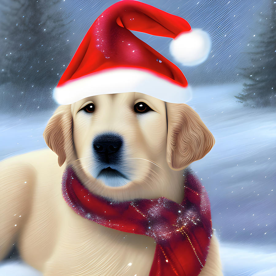 X001 Christmas Labrador Puppy with a Santa hat and a Scarf Digital Art by Large Wall Art For Living Room