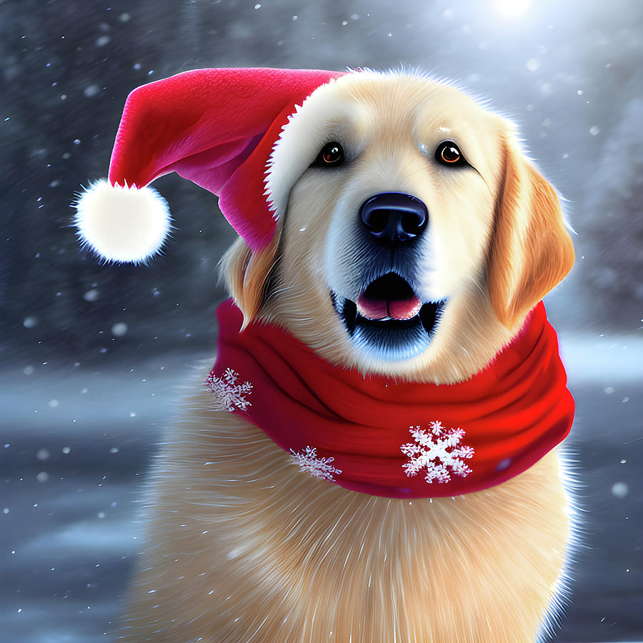 X002 Christmas Labrador with a Santa hat and a Scarf Digital Art by Large Wall Art For Living Room