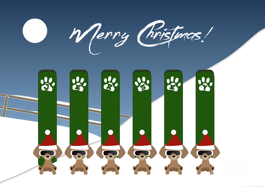 Xmas Jersey Pups with Snowboards and Santa Hats  Digital Art by Barefoot Bodeez Art