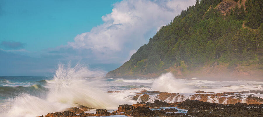 Dramatic Ocean Waves and Cliffside Photograph - Yachats Oregon Coastline by Dan Sproul